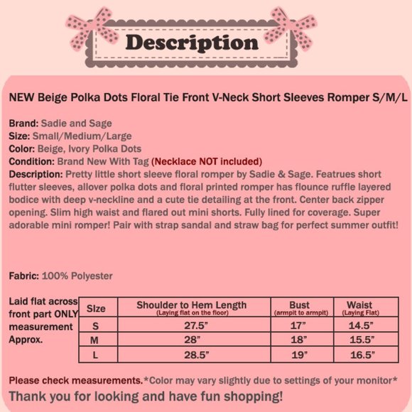 NEW Beige Polka Dots Short Sleeve Tie Front Romper - Picture 10 of 10